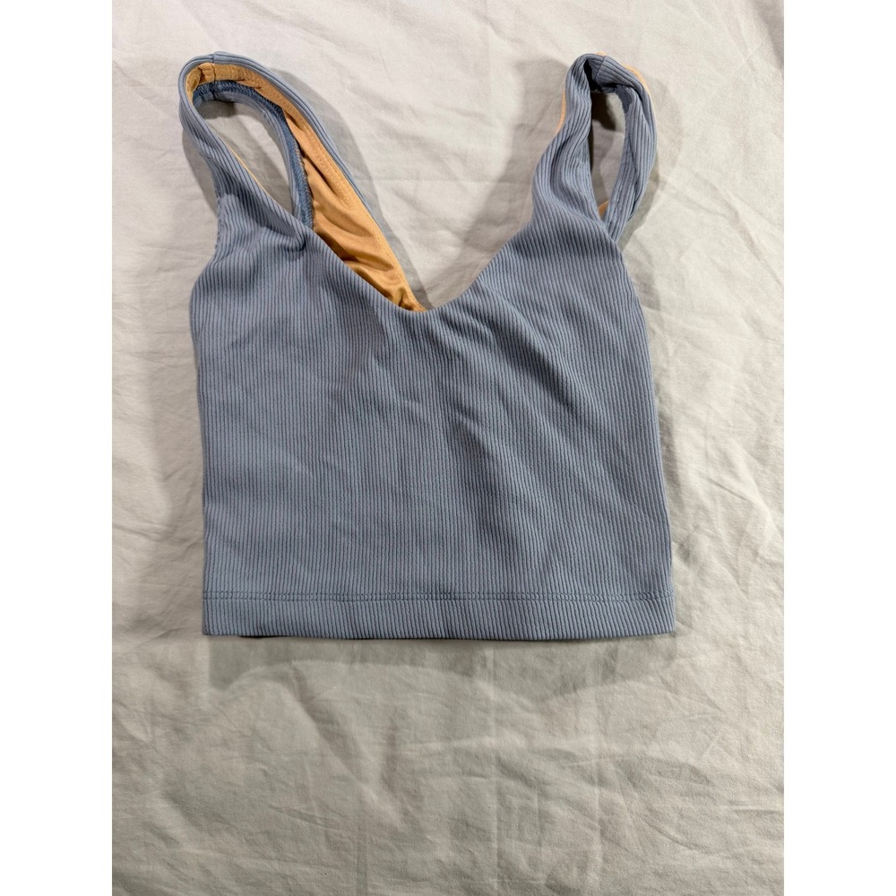 Womens Blue Ribbed V Neck Crop Top Sleeveless Tank Stretch Knit Size‎ Small
